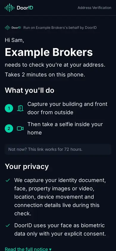 The first DoorID screen on the customer's phone: the broker's name, what the customer will do, the privacy points and the consent tick box above I agree and continue.